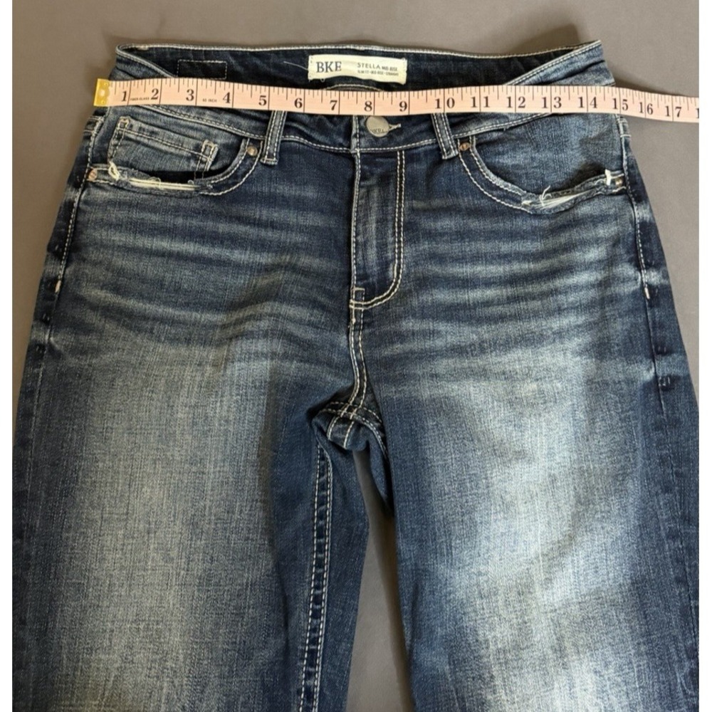 BKE Stella Jeans Womens 29X31.5  Dark Blue Mid Rise Slim Straight Leg Distressed - Picture 4 of 15